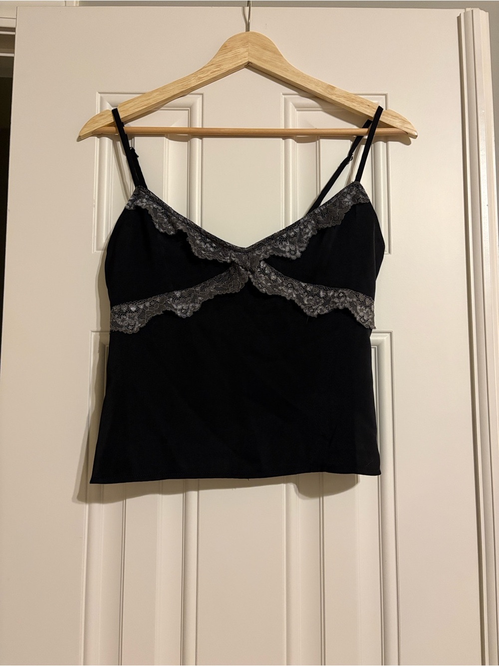White Fox Boutique Black Tank Top with Gray Lace Trim